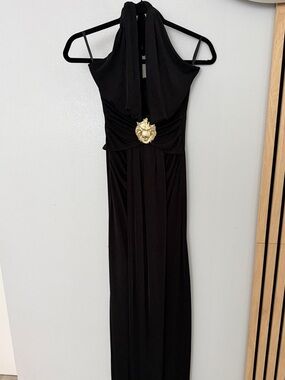 Black Halter Evening Dress with Gold Accent